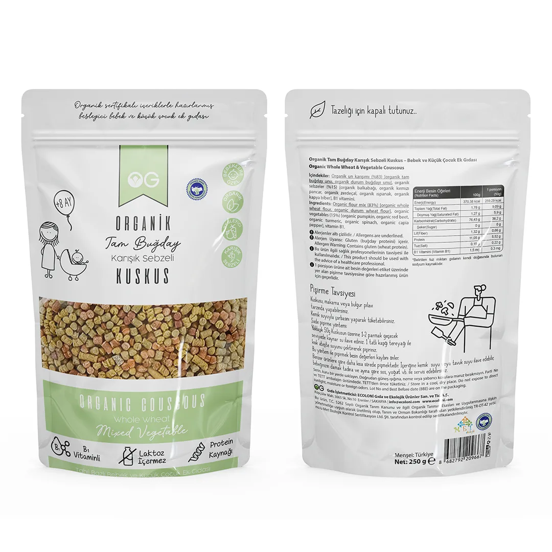 Organik Karışık Sebzeli Tam Buğday Bebek Kuskus 250 Gr 8
