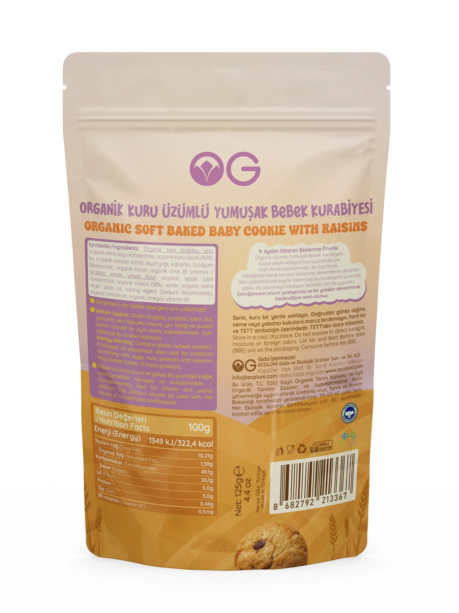 Organik Yumuşak Bebek Kurabiyesi 125 G