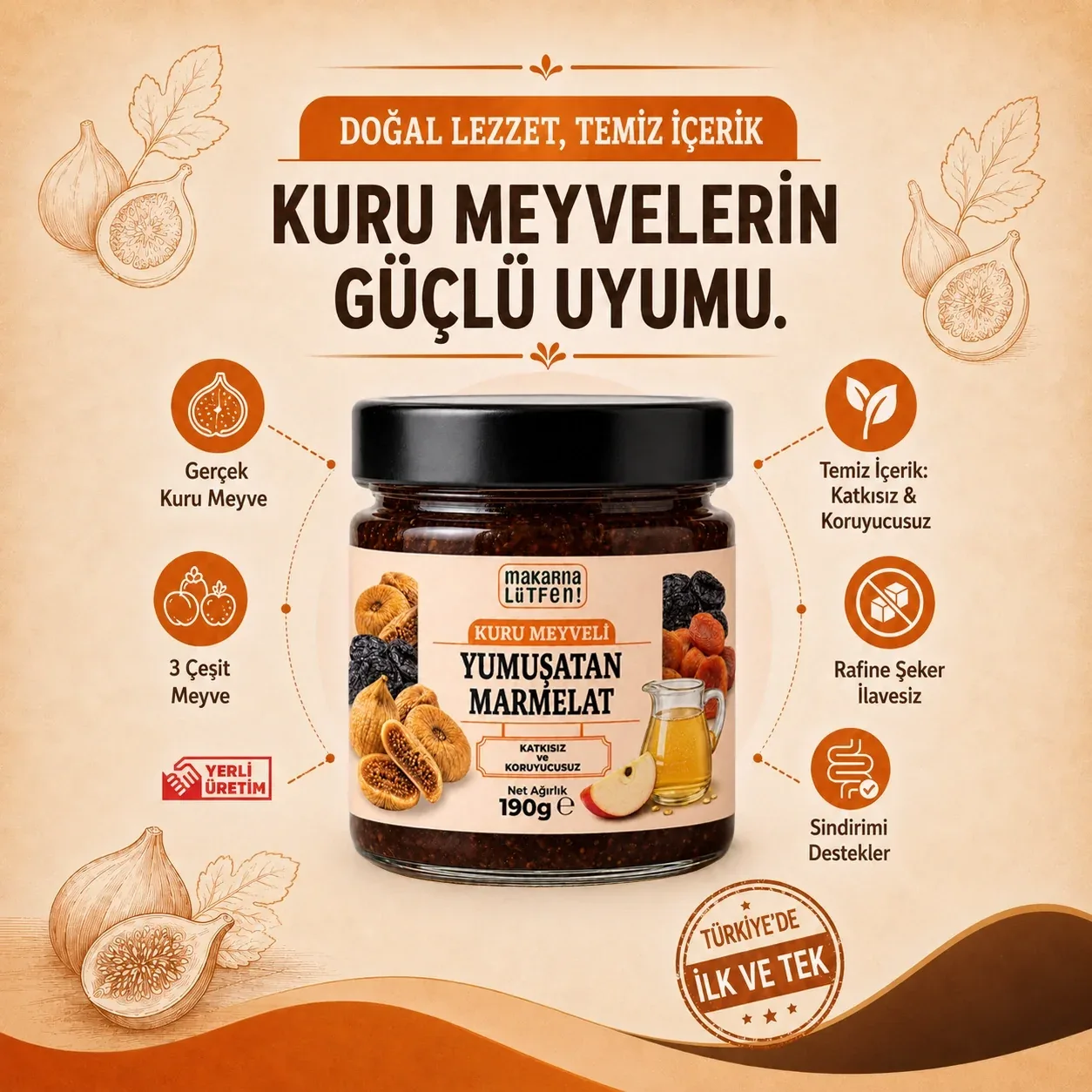 Makarna Lütfen Yumuşatan Marmelat (Kuru İncir-Kayısı-Erik) 190 g